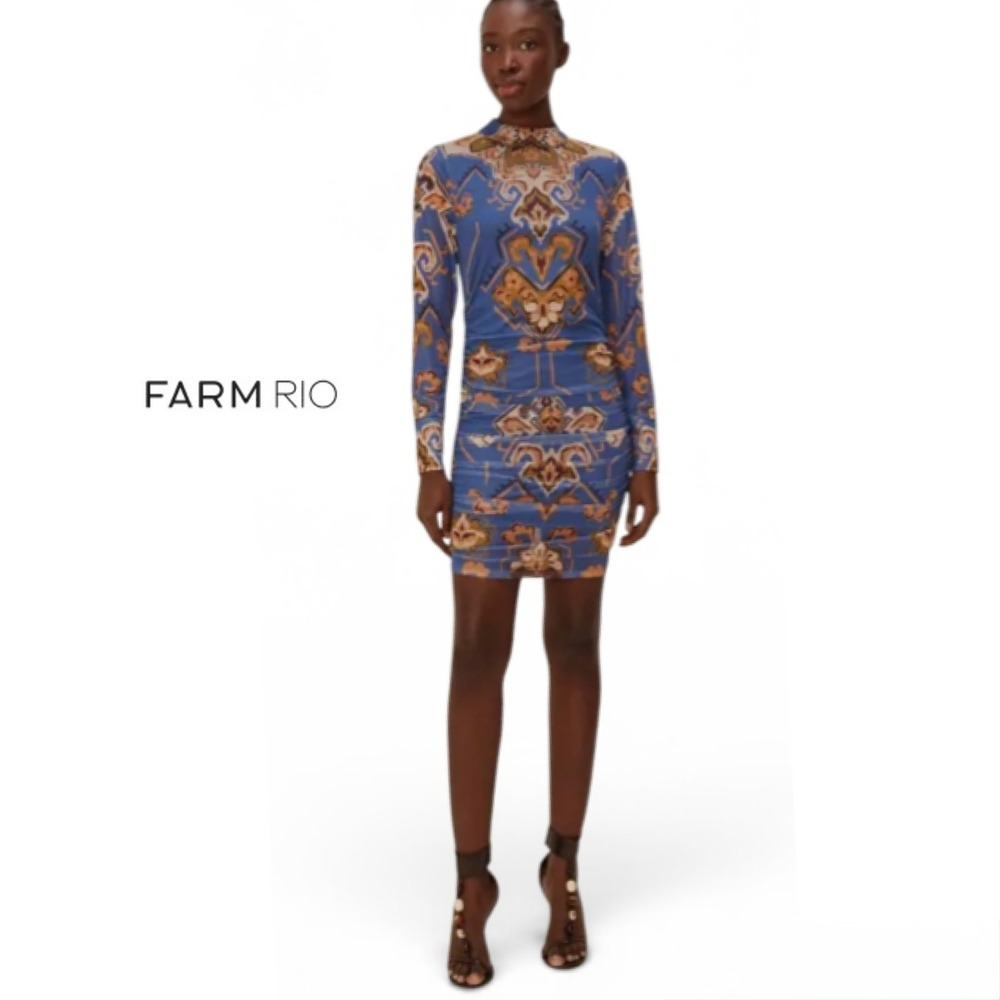 Farm Rio Blue Ornament Floral Tulle Mini Dress L Long Sleeve Ruched Mesh 342005